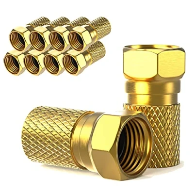 Afbeelding van F stekker 7 mm schroefbaar, 10 stuks, verguld, rubberen afdichting, brede moer, voor coaxiale antennekabel, coax SAT kabel, BK systemen, satelliet LNB (10x, verguld)