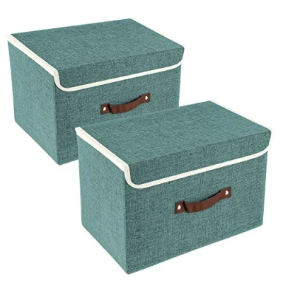 Afbeelding van TYEERS Opvouwbare Opbergdoos met Deksel, Stof, Afwasbaar, Opbergbak 38x25x25 cm, Set van 2, Aqua Deep