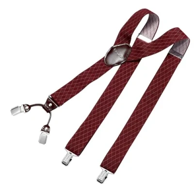 Afbeelding van DonDon herenbretels 3,5 cm breed 4 clips van bruin leer in Y vorm elastisch en verstelbaar Rhomb red
