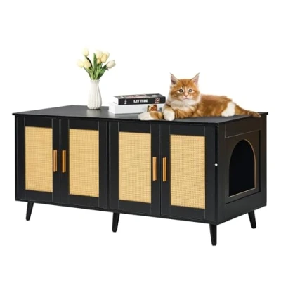 Afbeelding van VEVOR Kattenbakbehuizing voor 2 katten, kattenbakmeubels verborgen met rotan versierde deuren, houten kattenbakkast past op de meeste kattenbakken, 100 cm L x 49 B 50 H, zwart