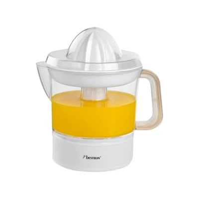 Afbeelding van Bestron Elektrische citrus en sinaasappelpers, incl. 2 perskegels aromadeksel, motor met twee draairichtingen (links/rechts), inhoud: 0,7 liter, Nordic Home collectie, kleur: matwit/hout