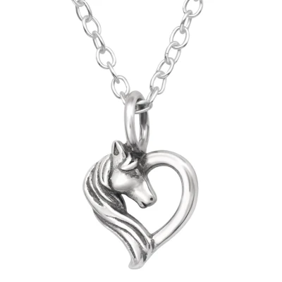 Afbeelding van JoyS Zilveren hartje hanger paard inclusief ketting 45 cm geoxideerd kinderketting