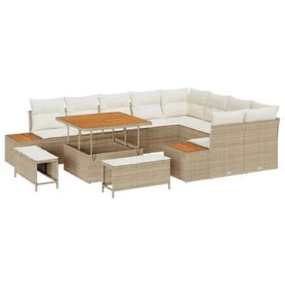 Afbeelding van vidaXL 12 delige tuinset met kussens Beige Poly Rattan en Acacia