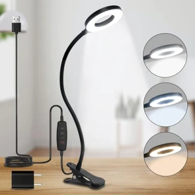 Afbeelding van LQWELL® LED Bureaulamp Klemlamp, 3 Kleurtemperaturen, 10 Helderheidsniveaus En Traploos Dimmen, 360 Flexibele Clip On Ring Leeslamp Voor Thuiskantoor (Neklengte 70 CM)