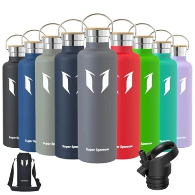 Afbeelding van Super Sparrow Drinkfles, Rvs Waterfles 1L, met herbruikbaar Rietje (2 Deksel), Lekvrije Thermosfles, Vacuüm Geïsoleerd, BPA Vrij, voor Sport, Outdoor