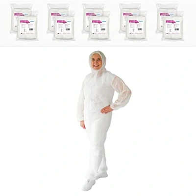 Afbeelding van ARNOMED PP wegwerp beschermpak wit, 10x full body pak maat XXXL (160x188 cm), verf &amp; lakpak met capuchon, witte werkoverall voor mannen en vrouwen, latexvrije beschermende kleding.