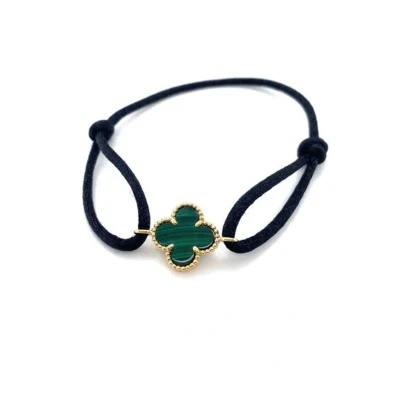 Afbeelding van Armband satijn zwart met malachiet klaver en 14k goud