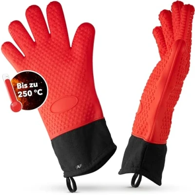 Afbeelding van AVANA Siliconen ovenwanten, hittebestendige grillhandschoenen, antislip, kookhandschoenen met zachte katoenen binnenvoering, handschoenen tot 250 C, rood
