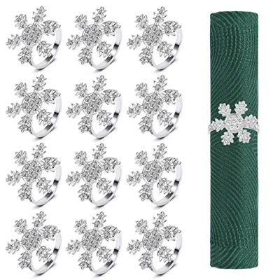 Afbeelding van KAHEIGN 12 stuks kerst servet ringen, zilveren sneeuwvlok houders Xmas gesp met strass voor lunch Thanksgiving feest vakantie bruiloft tafel decoratie (4,5 cm x 4,5 cm)