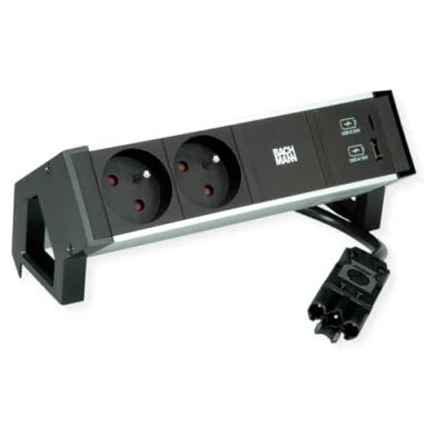 Afbeelding van Bachmann, Stekkerdoos, DESK2 ALU ZWART 2xUTE 1xA/C 22W (2 x, CEE 7/5, 7/3, 0.20 m)