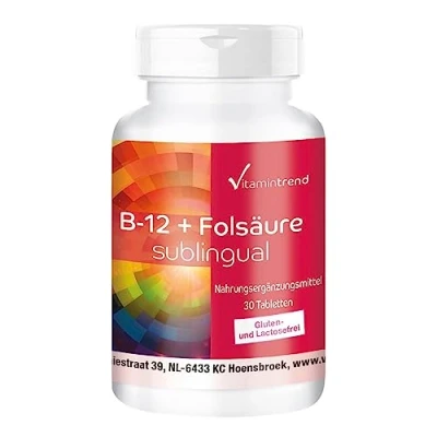 Afbeelding van vitamine B 12 + foliumzuur sublinguaal 30 tabletten met acerola C kersensmaak methylcobalmin hoge dosering veganistisch beschikbare supplementen uit Duitsland Vitamintrend®