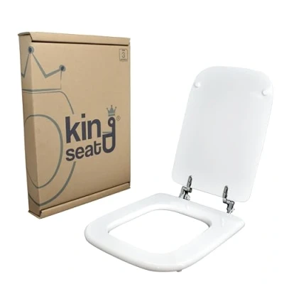 Afbeelding van WC bril van MDF, serie Conca Ideal Standard, wit met verchroomde messing scharnieren.
