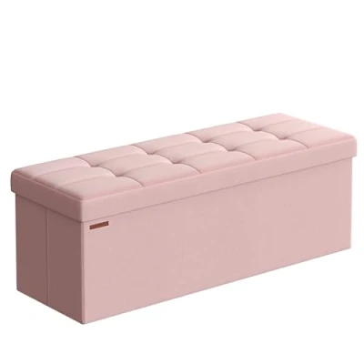 Afbeelding van SONGMICS Poef met opbergruimte, inklapbare zitbank, 38 x 110 cm, voetenbank, opbergdoos, tot 300 kg belastbaar, voor woonkamer, slaapkamer, hal, pastelroze LSF077R11