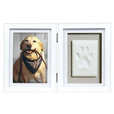 Afbeelding van Pearhead huisdier pootafdrukken bureau fotolijst en afdruk kit, geen rommel poot print frame, aandenken gedenkteken hond kat klei pootafdruk, wit