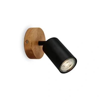 Afbeelding van BRILONER wandlamp retro met hout, vintage, GU10 fitting, verstelbare spot, rustieke wandspot, zwart 90x85 mm