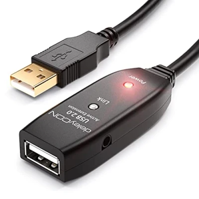 Afbeelding van deleyCON 15m USB 2.0 Verlengkabel Repeaterkabel Actief met 2 Signaalversterker Extension Cable A naar Connector Zwart