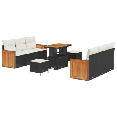 Afbeelding van vidaXL 9 delige Tuin Sofa Set met Kussens Zwart Poly Rattan Acacia, 2 Zits Rattan, 3 Eettafel Acacia
