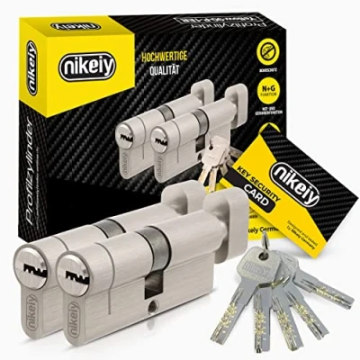 Afbeelding van GERCAR Pro+ Set of 2 Knob Cylinder Keyed Alike 35/35 N+G Lock with Door Drill Protection and 10 Keys (Long) CodeCard 70 mm A:35 B:35 x, Yellow,blue