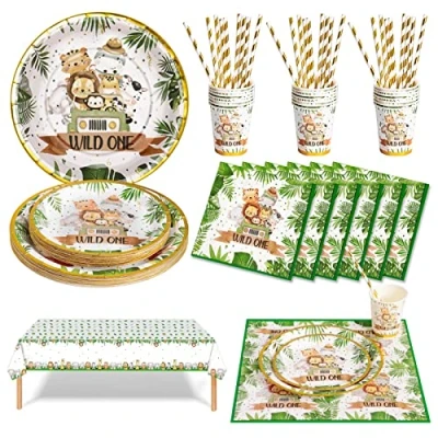 Afbeelding van Nkaiso Kinderverjaardag Party Servies 126 stuks Jungle Safari Feestservies, verjaardagsservies feestbenodigdheden Inclusief borden servetten papieren bekers voor babyborrel 25 gasten