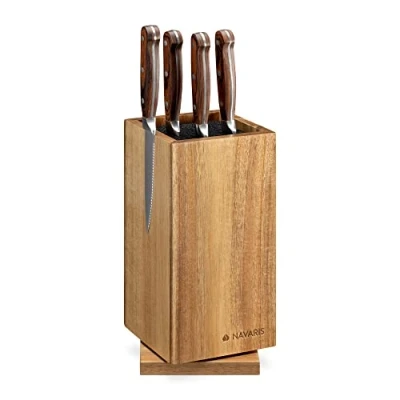 Afbeelding van Navaris keuken messenblok Van hout Universele magnetische houder voor messen 25 x 12,5 cm acaciahout met roterend ontwerp