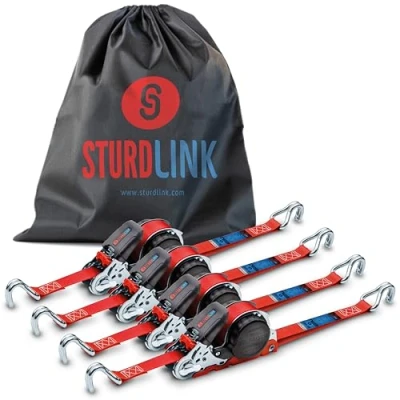 Afbeelding van Riem met automatische ratel, 5 m, 25 mm, J haak, LC, 350 kg/700 kg, riemwikkelaar, intrekbare sjorband, 4 + tas, bestelwagen, vrachtwagen, SUV, EN 12195 2