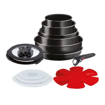 Afbeelding van Lagostina Ingenio Essential Plus Pannenset, aluminium voor gas en oven, 17 stuks, 2 stoofpannen, pannen, wok, 5 deksels, pannenbeschermers afneembare handgreep