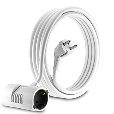Afbeelding van MutecPower 5 meter Schuko verlengkabel met 2 voudige stopcontacten IP20 90 gebogen EU geaarde stekker en 2x koppelingen tot 250V 50Hz 16A 5m wit