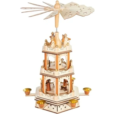 Afbeelding van BRUBAKER Kerstpiramide Roterende Houten Piramide met 3 Etages Kerstdecoratie Verdiepingen en Stervleugels 45 cm Hoog Handbeschilderde Kerstfiguren Natuurlijk Bruin