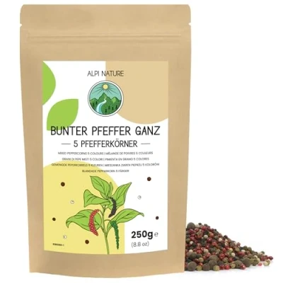 Afbeelding van Gemengde peperkorrels met piment 250g van Alpi Nature, 5 kleurenmix zwarte peperkorrels, witte groene roze en pimentbessen, hele gedroogde peperkorr