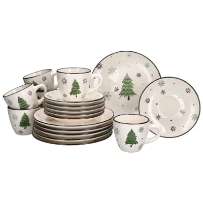 Afbeelding van MamboCat Kerstboom 18 delig koffieservies, aardewerk, koffieset voor 6 personen met dennenbomen en sneeuwvlokken, elk x koffiekopjes van 150 ml, schoteltjes taartborden Kerstmis