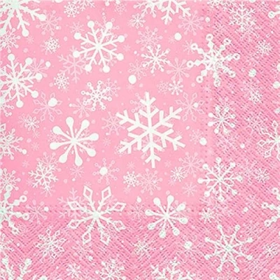 Afbeelding van 20 servetten Kerstmis witte sneeuwvlokken op roze als tafeldecoratie. Papieren met motief. Ook voor decoupage en techniek 33x33cm