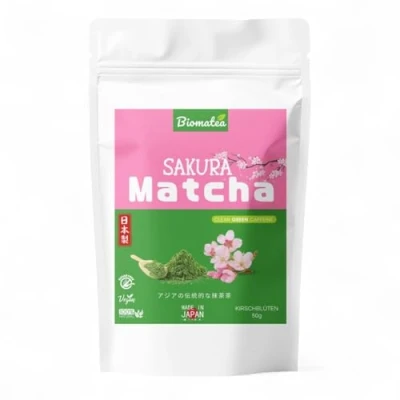 Afbeelding van Biomatea sakura Matcha Thee, 50 g, Ceremonial Grade uit Japan, premium groene thee met bloemenpoeder, eerste oogst, steenvermalen en veganistisch, zonder toevoegingen