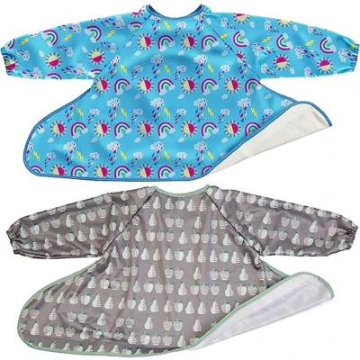 Afbeelding van Baby slabbetje met lange mouwen, 2 stuks, wortel/appel design, waterdichte slabbetjes, afwasbaar, pasvorm verstelbaar, lang slabbetje, bijpassend dienblad