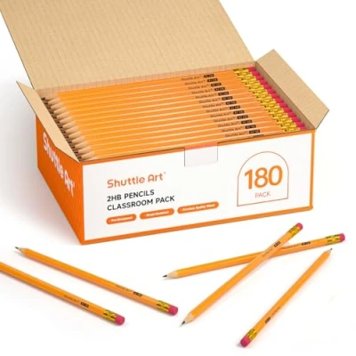 Afbeelding van Shuttle Art #2 HB potloden met houten behuizing, 180 stuks geslepen gele gummen, bulkverpakking grafietpotloden voor school en lerarenbenodigdheden, schrijven, tekenen schetsen