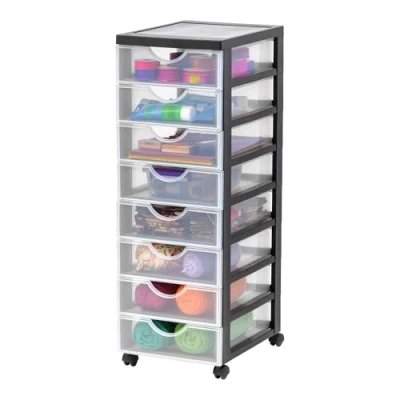 Afbeelding van Iris Ohyama, Toren, Ladekast, Kunststof opbergorganizer met ergonomisch handvat, 7L, 8 laden, wielen, BPA vrij, Kantoor, Slaapkamer, Woonkamer, DDDC 380, zwart