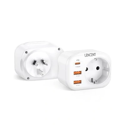 Afbeelding van LENCENT 2 x Reisadapter AU CN, EU Australië China Duitsland Stekker Adapter met USB QC3.0 + 1 Type C PD aansluitingen, I Reisstekker Stroomadapter voor Nieuw Zeeland Argentinië