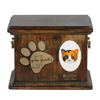 Afbeelding van Art Dog Custom Cat Memorial Urn Handgemaakte houten kist met keramische plaat Gepersonaliseerde kattencrematiedoos 8,3x11,4x8,7 Calico