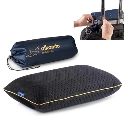 Afbeelding van alkamto Reiskussen Camping Kussen Ergonomisch Traagschuim met Temperatuurregulerende Overtrek OEKO TEX MADE IN GREEN (40 x 25 10 cm Zwart)