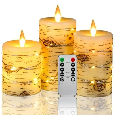 Afbeelding van Kaarslichten, berkenschorseffect, verzonken, lichtsnoer, set van 3 (10 cm, 5 cm), ivoorkleurig, echte was, werkt op batterijen, met dansende ledvlam, afstandsbediening 10 toetsen (geen batterij)