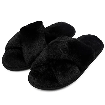 Afbeelding van riemot Pantoffels voor dames, winter, pluche, traagschuim, warm, comfortabel, antislip, wollig, zwart, maat 40 41, 40/41 EU
