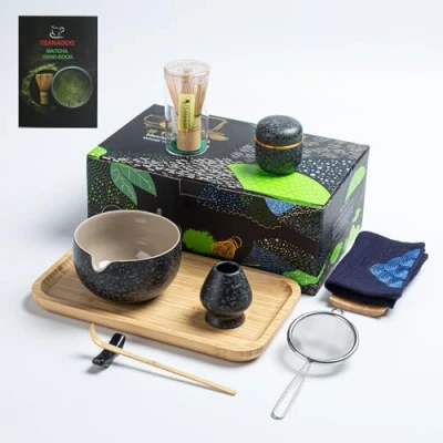 Afbeelding van TEANAGOO Matcha theeset met dienblad, Japanse kom bamboe garde schep zeef houder standaard set,O1, Charcoal Grey