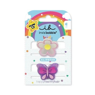 Afbeelding van invisibobble Clipstar Glow Kids Happy Flower, 2 stuks lichtgevende kinderhaarspelden, bloemen en vlinderdesign, antislip haarclips voor gezond haar, perfect meisjes