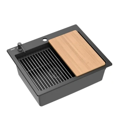 Afbeelding van QUADRON gootsteen granieten keuken afmeting 59,5 x 50 21,5 cm, kleur: Pure Carbon KURT 110 spoelbak inbouwspoelbak aanrecht keukenaanrecht set: dispenser, houten plank,