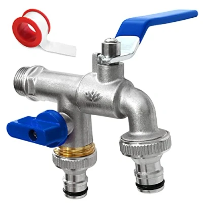 Afbeelding van SHYNE Premium 3/4&#039;&#039; Inch Messing Dubbele Waterkraan Roest en Vorstbestendig + 2X Kraanaansluitingen E Book voor Tuin, Wasmachine, Regenton (2 Stukken)