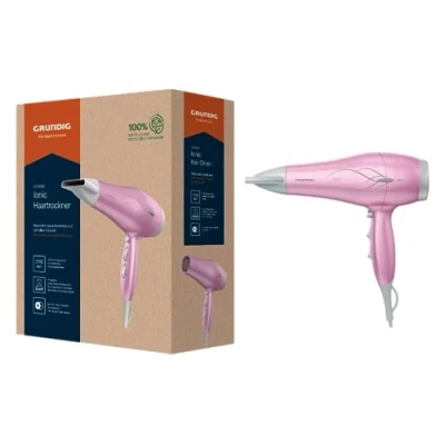 Afbeelding van GRUNDIG HD 6280 Haardroger, 2200 W, föhn, ionen functie, 3 temperatuur en 2 luchtstroomniveaus, koude stand, keramische coating, met roze lotusolie, kabel van 1,8 m, roze/zilver
