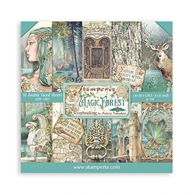 Afbeelding van Stamperia International SBBS78 Scrapbooking Kleine Pad 10 Vellen CM, 3 (8 &quot;X8&quot;) Magic Forest, Veelkleurig, 20,3 x cm