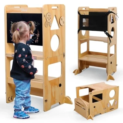 Afbeelding van Olvy Kids 3 in 1 Leertoren Keukenhulp Learning Tower Montessori Kindertrap Keukentoren Inklapbaar