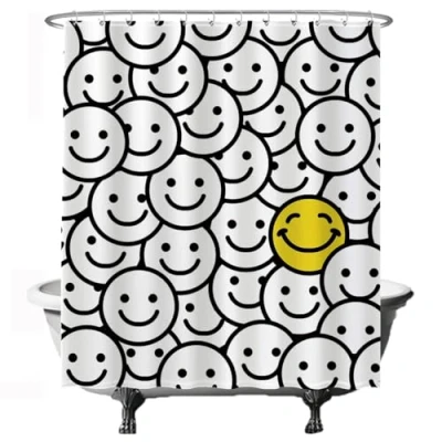 Afbeelding van Ulticool Douchegordijn Smiley 180 x 200 cm met 12 Ringen Wit semi Transparant anti Schimmel Geel Zwart