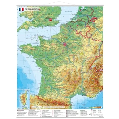 Afbeelding van Frankreich physisch 1 : 1.500 000. Wandkarte mit Metallbeleistung: UNESCO Welterbestätten und Nationalparks, Kleinformat