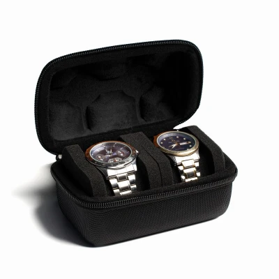 Afbeelding van AUKURA 2 slots Hard horloge Travel Case, Roll Case Opslag en Organizer voor Mannen Vrouwen, met anti move kussen (Zwarte stof slot)